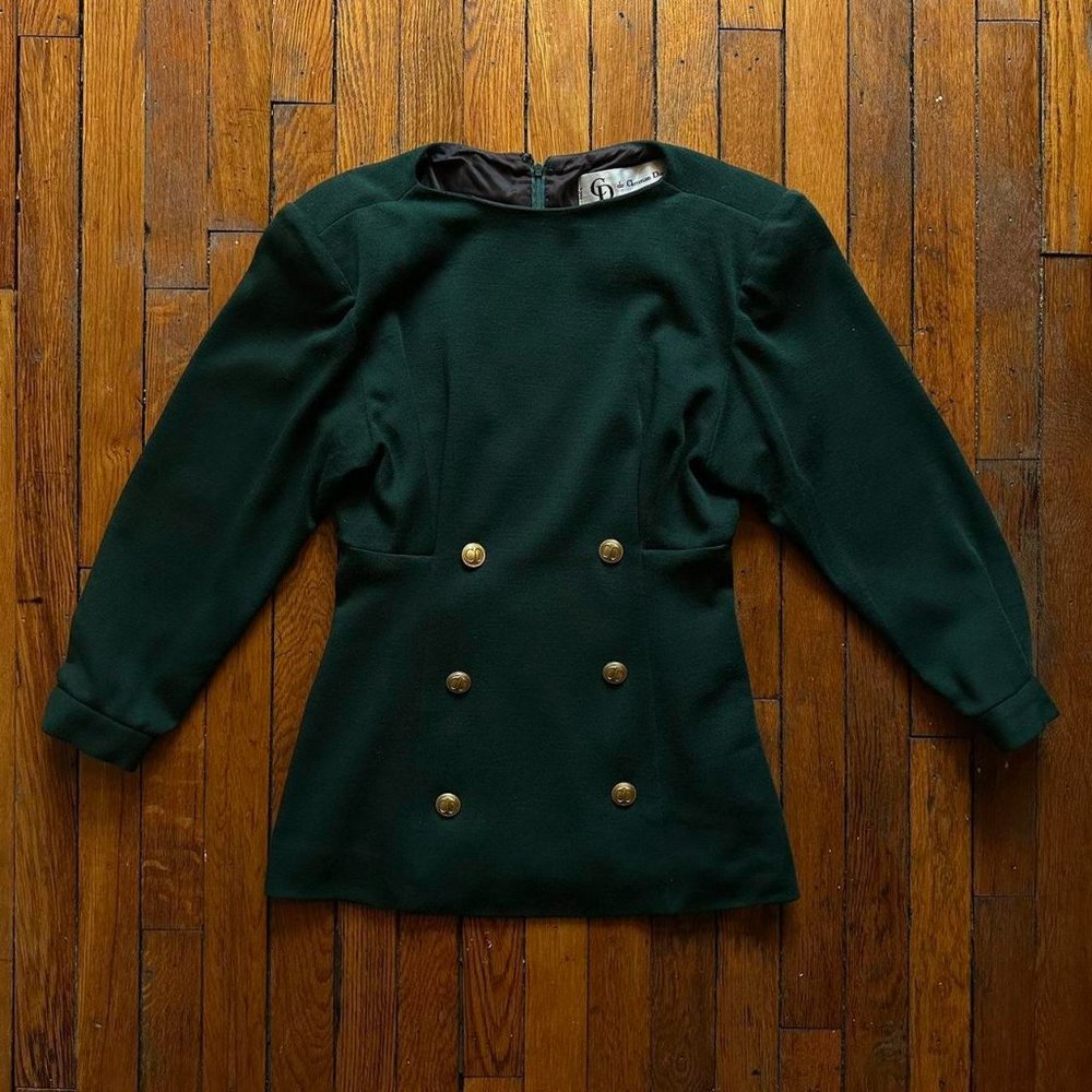 Vintage 80s CD de Christian Dior Robes Du Soir Women Green Gold‎ Button Blazer